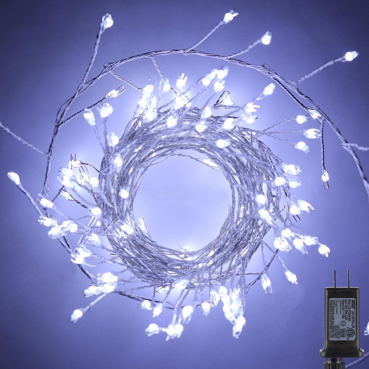Minetom Fairy Lights Plug in, 10Feet 200LED Cluster String Lights, Silver Wire Waterproof Starry Firecracker Lights for Ceiling Bedroom Wreath Window Wedding Christmas Tree Decorations, Pure White