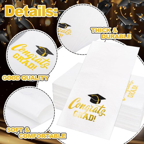 FYSUIMU Graduation Guest Napkins - 50 Pcs Gold Foil Congrats Grad Design | Disposable Dinner Paper Towels