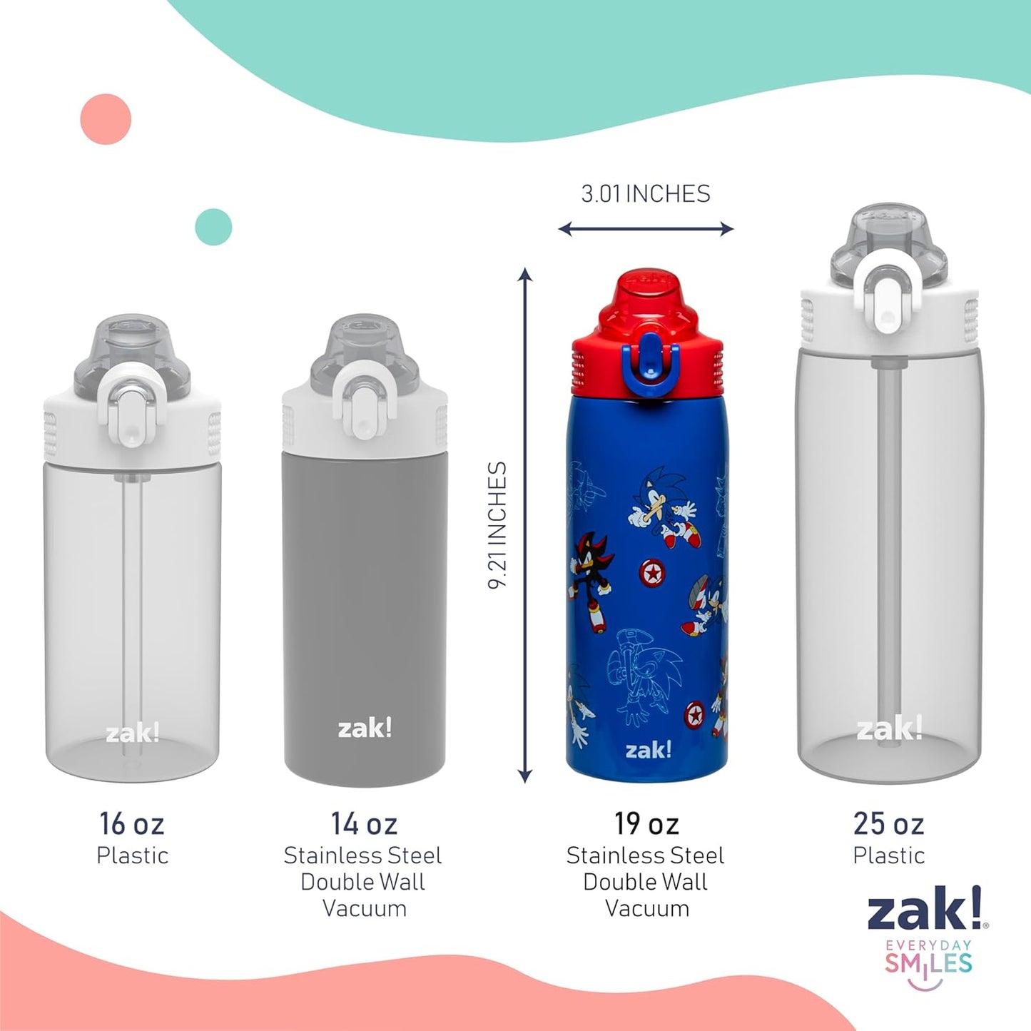 Zak Designs Sonic the Hedgehog Kids Water Bottle - 19oz Stainless Steel, Leak-Proof With Straw & Handle