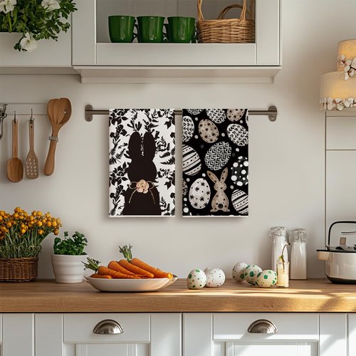 Artoid Mode Black Bunny Eggs Flower Easter Kitchen Towels Dish Towels, 18x26 Inch Spring Farmhouse Leaves Decoration Hand Towels Set of 2