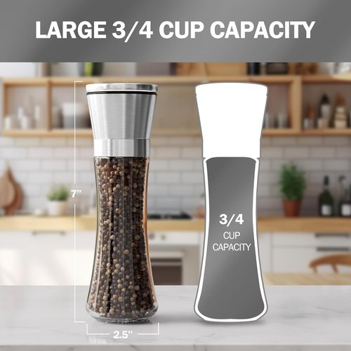 Home EC Premium Stainless Steel Salt and Pepper Grinder Set - Adjustable Ceramic | Tall Glass Shakers with Funnel & eBook