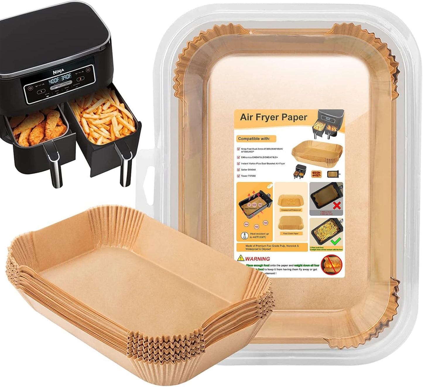 KDSOM Air Fryer Liners Disposable for Ninja Air Fryer, 100 Pcs Non-Stick Parchment Paper - Oil-proof (22x14.5cm), Brown
