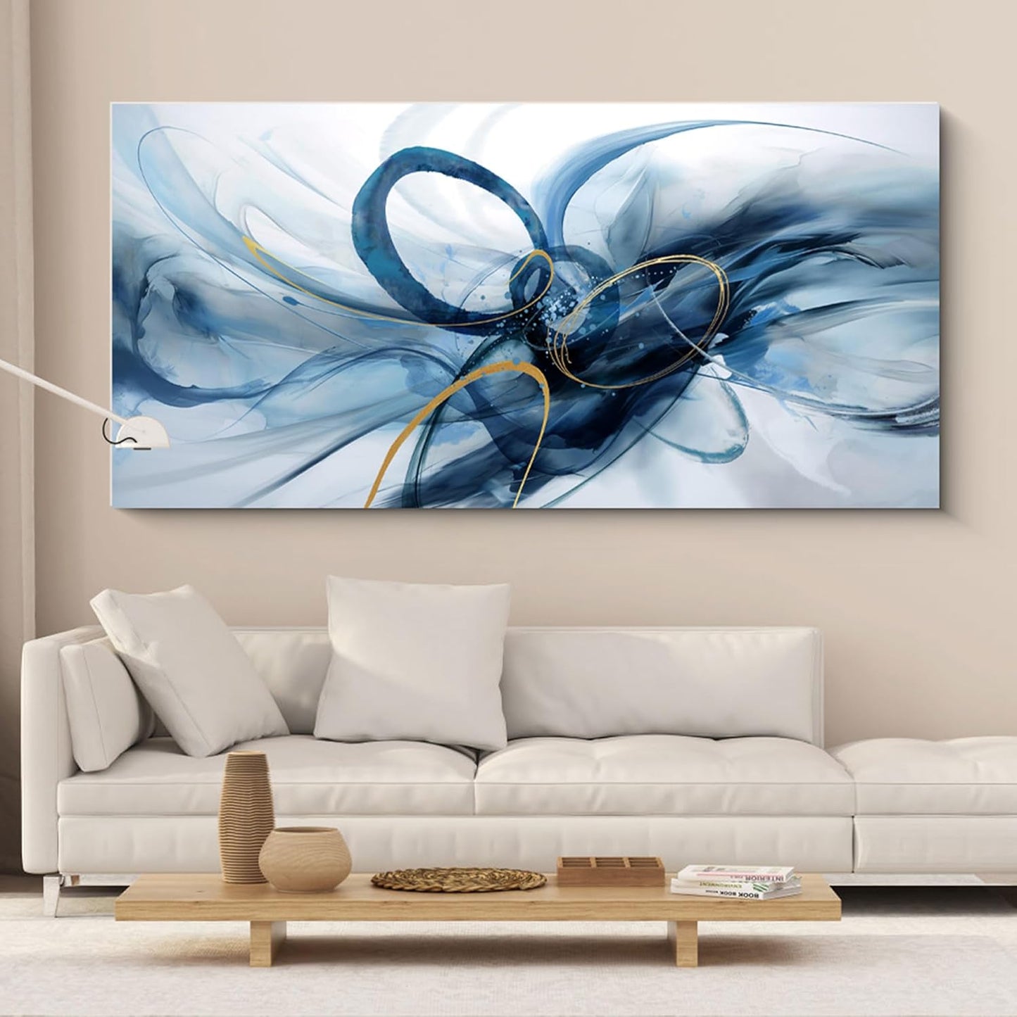 XLSJERST Extra Large Canvas Wall Art - Modern Abstract Blue & White Artwork for Living Room Decor