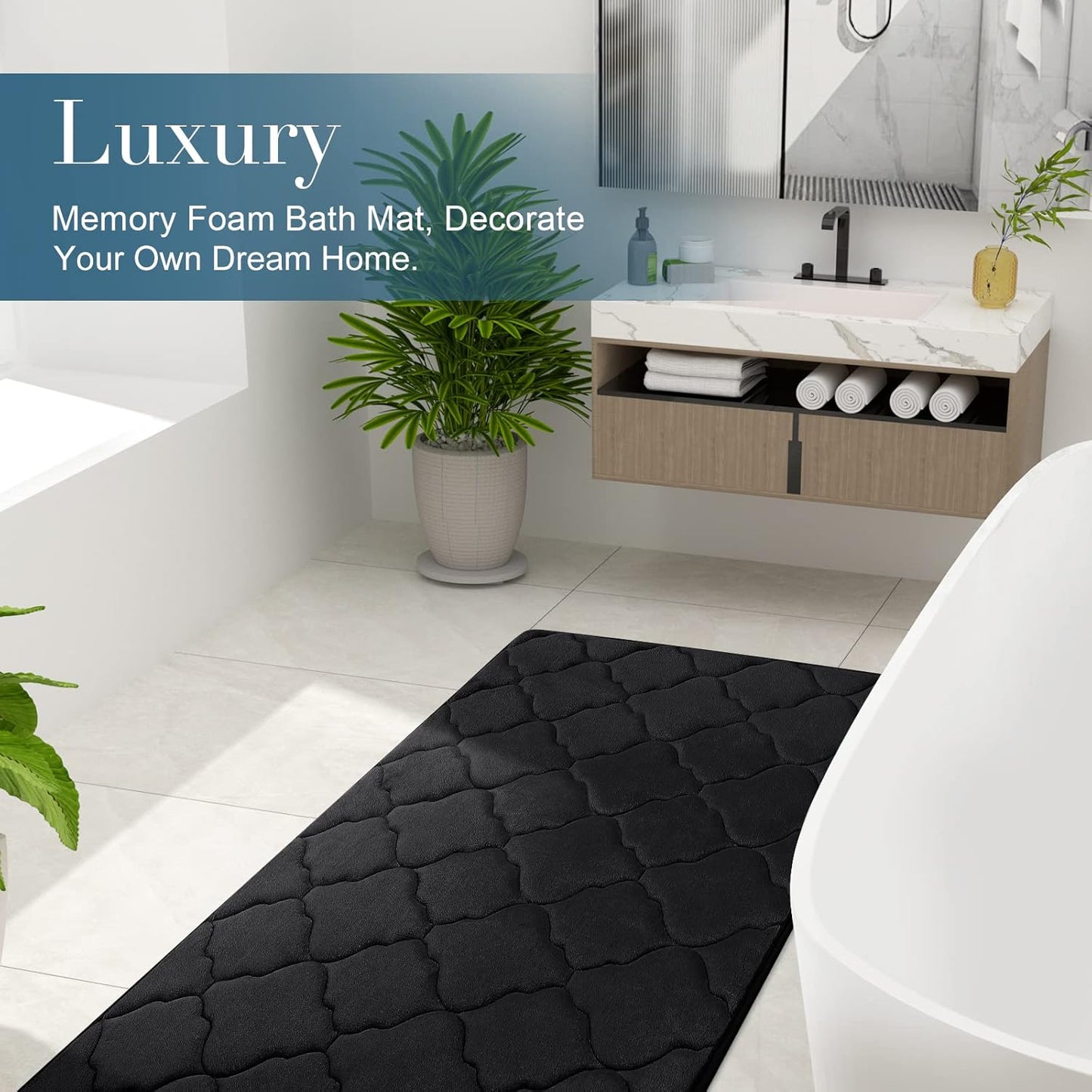 OLANLY Memory Foam Bath Mat Rug - Ultra Soft, Absorbent & Non-Slip | 24x16 Black Bathroom Carpet