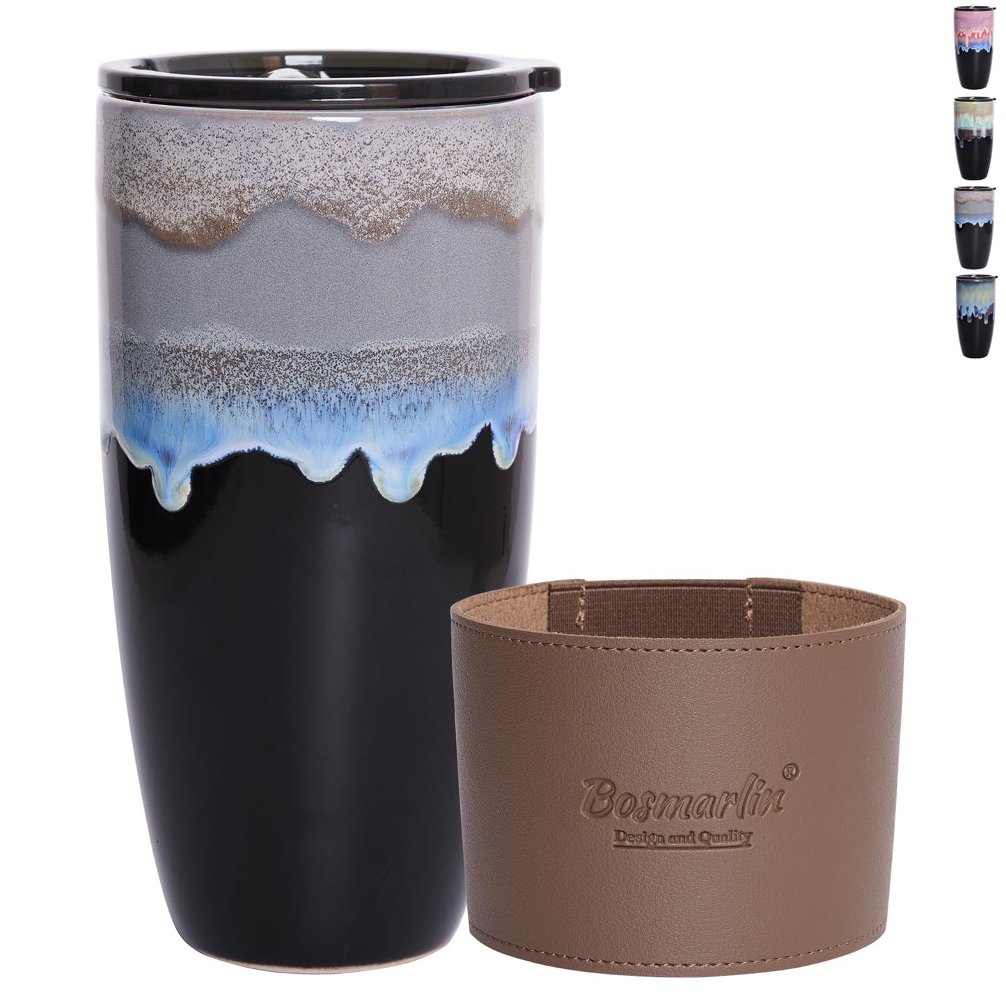 Bosmarlin Ceramic Travel Coffee Mug with Lid, 21 oz, Portable Coffee Cup for Car Cup Holder, Microwave and Dishwasher Safe, Reactive Glaze