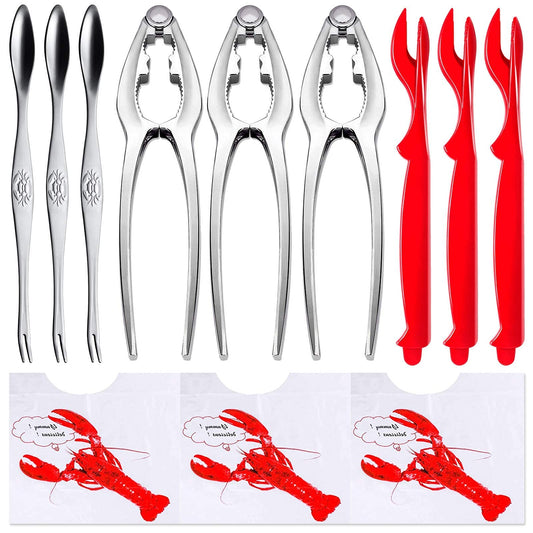 YGAOHF 12 Pcs Professional Crab Leg Crackers and Tools - Includes 3 Crab Crackers, 3 Lobster Shellers, 3 Crab Leg Forks/Picks, 3 Disposable Lobster Bibs and Storage Bag, Dishwasher Safe