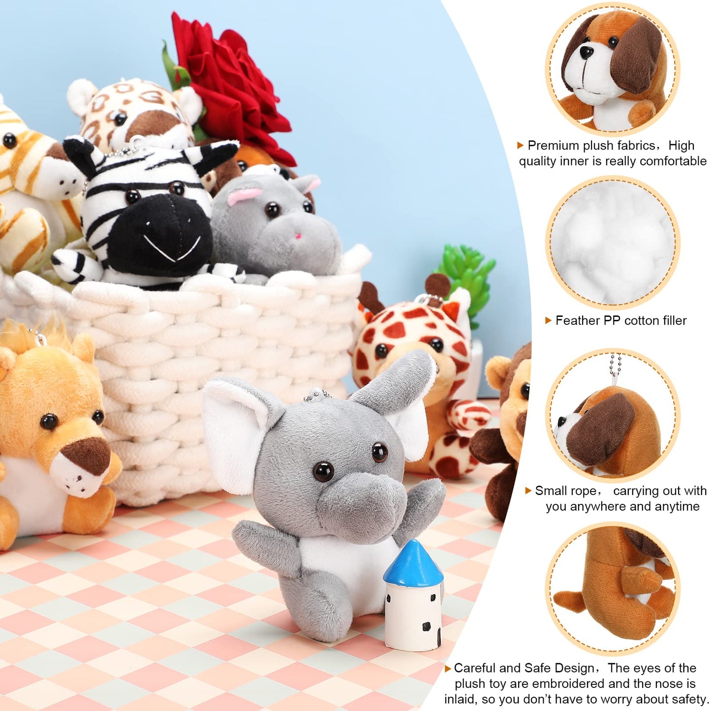 Skylety 12pcs Mini Safari Stuff Animal 3.9 Inch Cute Jungle Stuffed Animal Lion Rabbit Owl Hedgehog Monkey Tiger Zebra Elephant Leopard Hippopotamus Rhinoceros for Easter