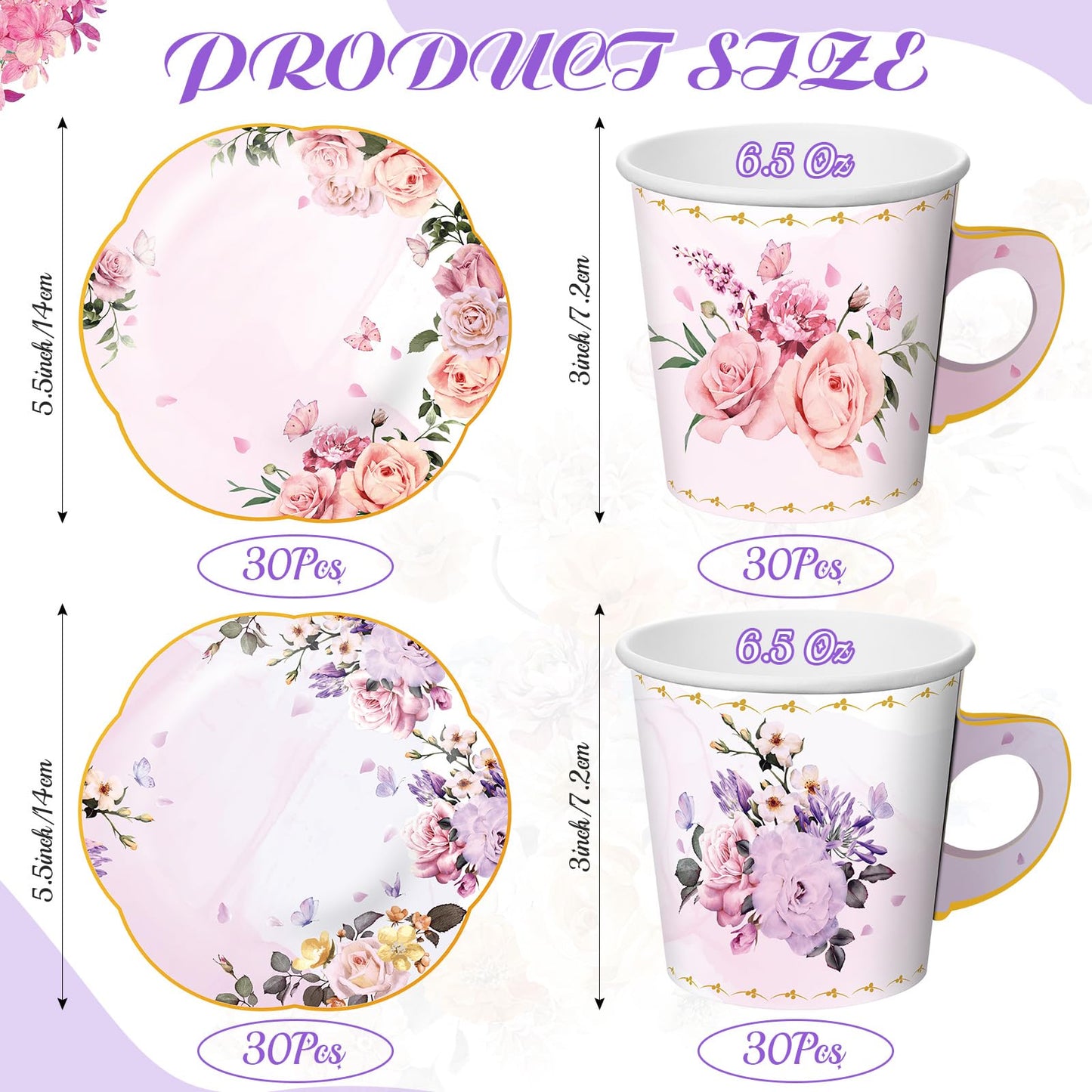 Umigy 60 Set 6.5 oz Floral Paper Tea Cups with Handle and Plates Tea Party Decorations with Tape Disposable Blossom Teacups and Saucers Sets for Hot Cold Birthday Drink(Elegant)