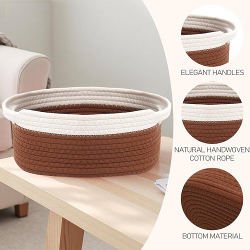 JMvicyroam Woven Storage Baskets - Small Rope Organizer Bins with Handles | White & Brown, 3-Pack