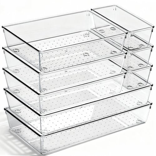 8 Pack Large Clear Plastic Drawer Organizer Bins - Acrylic Bathroom Drawer Organizer Trays - Heavy Duty Kitchen Drawer Dividers for Utensils - Non-Slip Storage Bins for Makeup, Bedroom, Office Desk