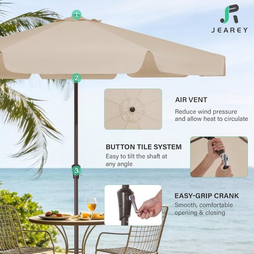 JEAREY 9 FT Patio Umbrella - Outdoor Market Umbrella with Push Button Tilt & Crank - Beige