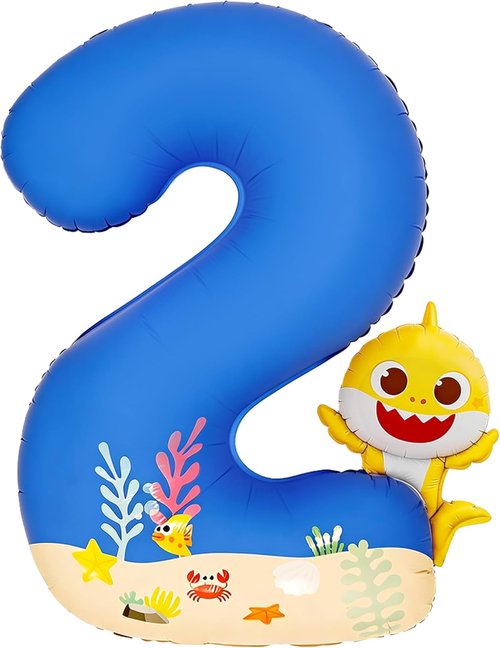 Baby Shark by PartyWoo - 40 Inch Blue Foil Number 2 Balloon | Mylar Helium Birthday Decoration for Kids
