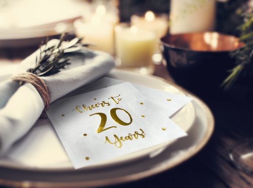 Cheers to 20 Years Cocktail Napkins | Happy 20th Birthday Decorations for Men and Women and Wedding Anniversary Party Decorations | 50-Pack 3-Ply Napkins | 5 x 5 inch Folded (White)