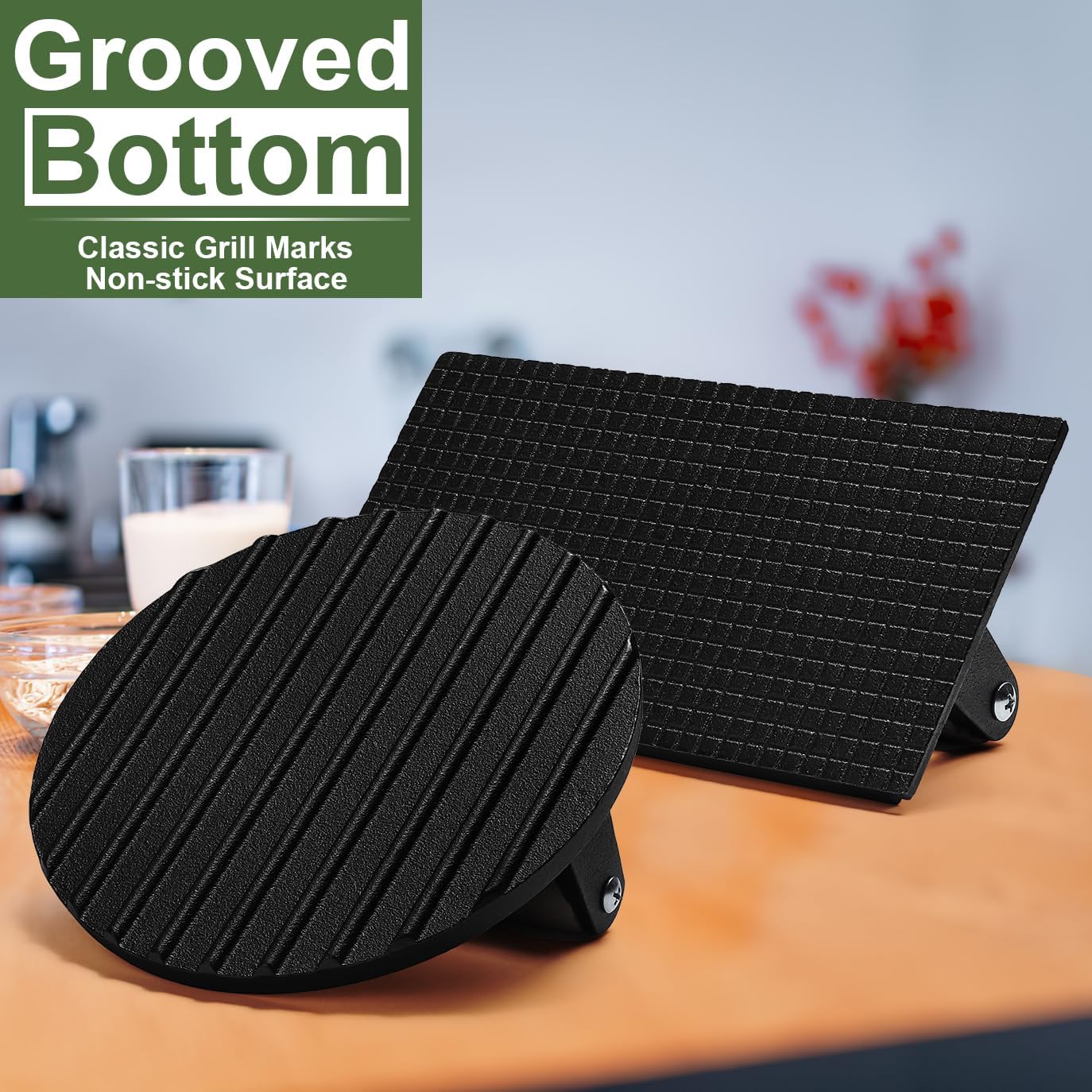 Skiennix Burger Press - Heavy-Duty Cast Iron Round & Rectangle with Wood Handle - Perfect for Griddles & Sandwiches