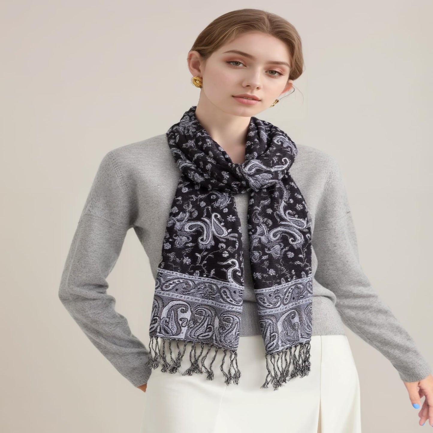 AUSEKALY Pashmina Feel Shawls Wraps for Women Rave Scarf Soft Silky Reversible Men Scarves Black White