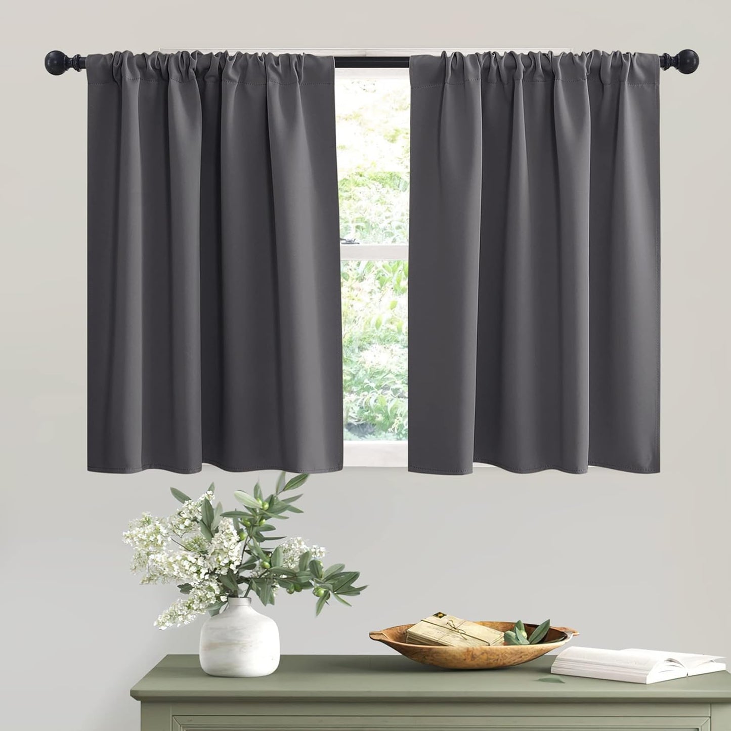 RYB HOME Short Grey Blackout Curtains - UV Blocking Insulating Drapes for Small Windows | 42" x 36", Set of 2