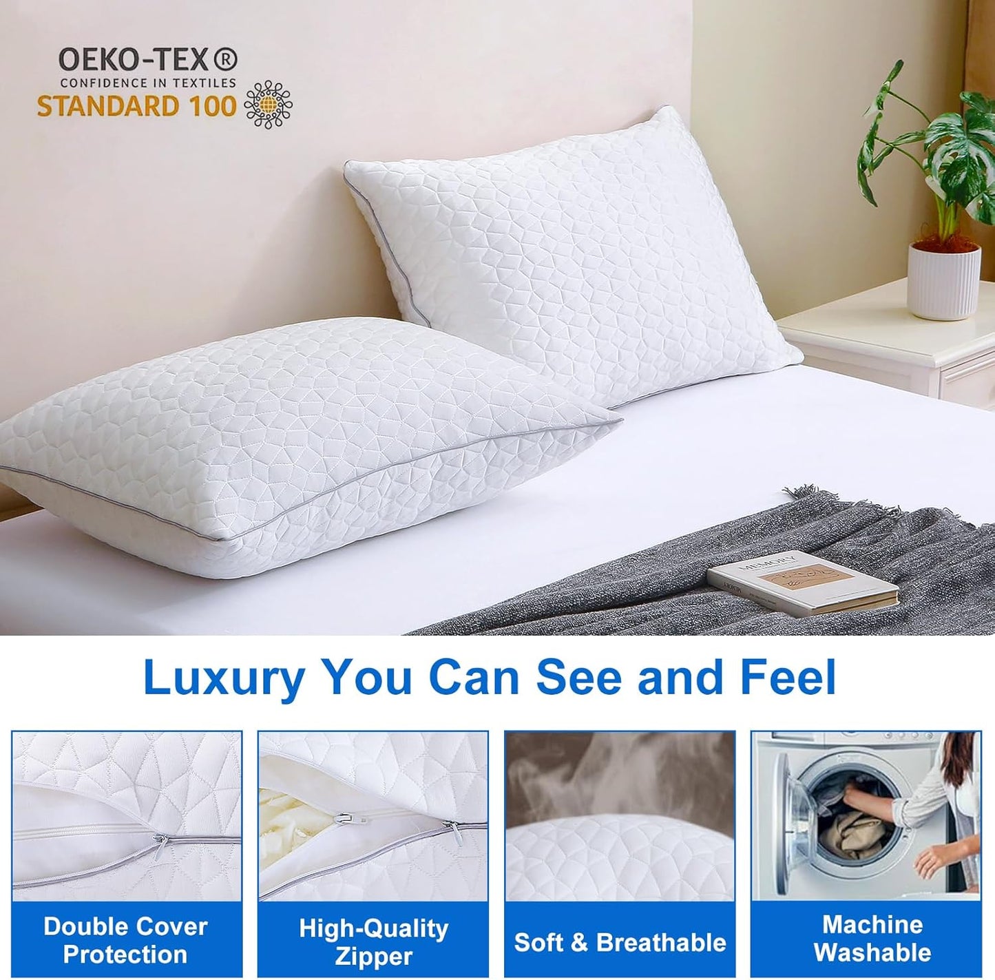 Skiennix Cooling Pillows - Adjustable Shredded Memory Foam Set of 2 | Queen Size 20" x 30", White