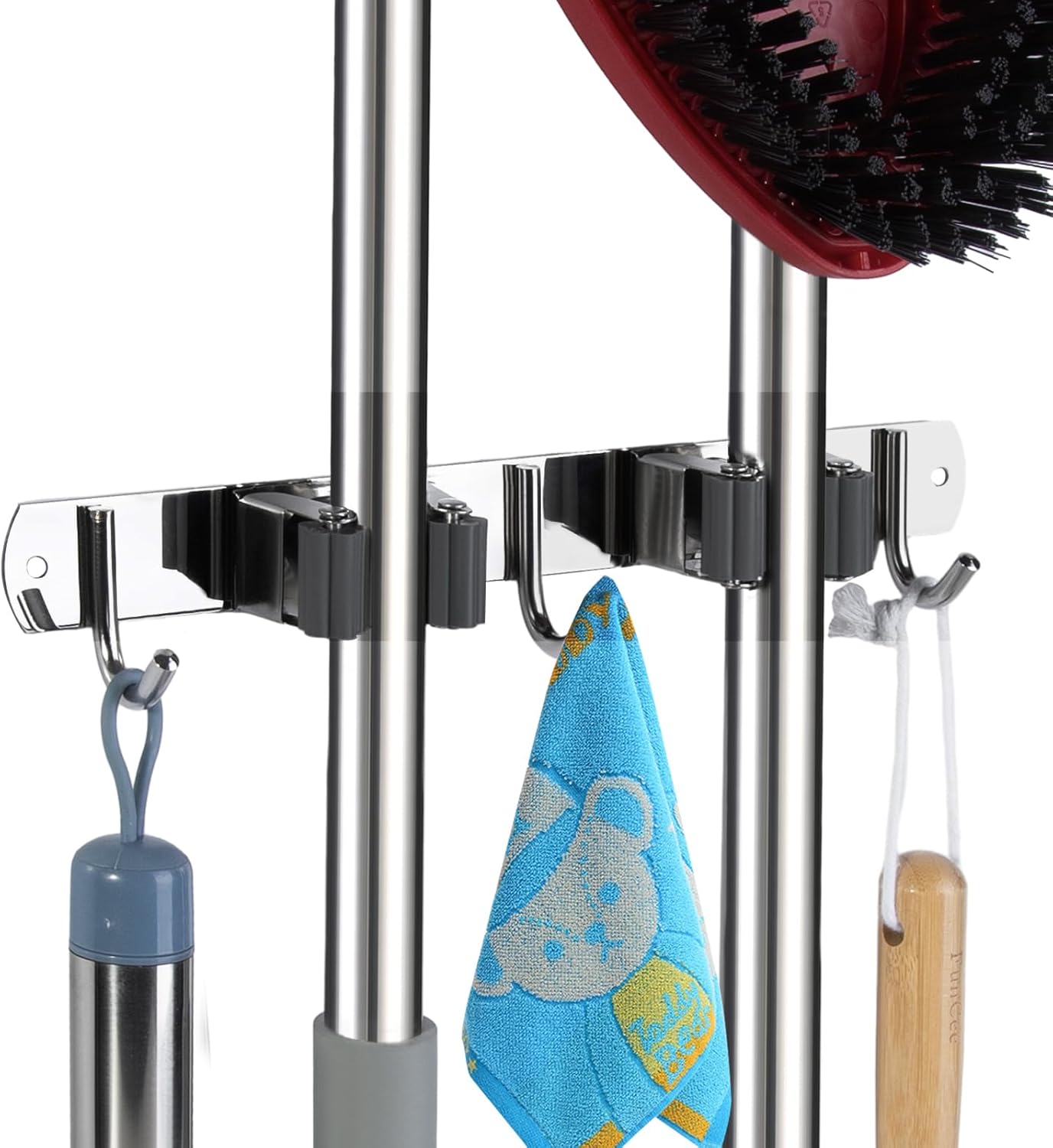 Voze Mop and Broom Holder - 2 Racks & 3 Hooks | Heavy-Duty Wall Mount Organizer for Kitchen & Garage