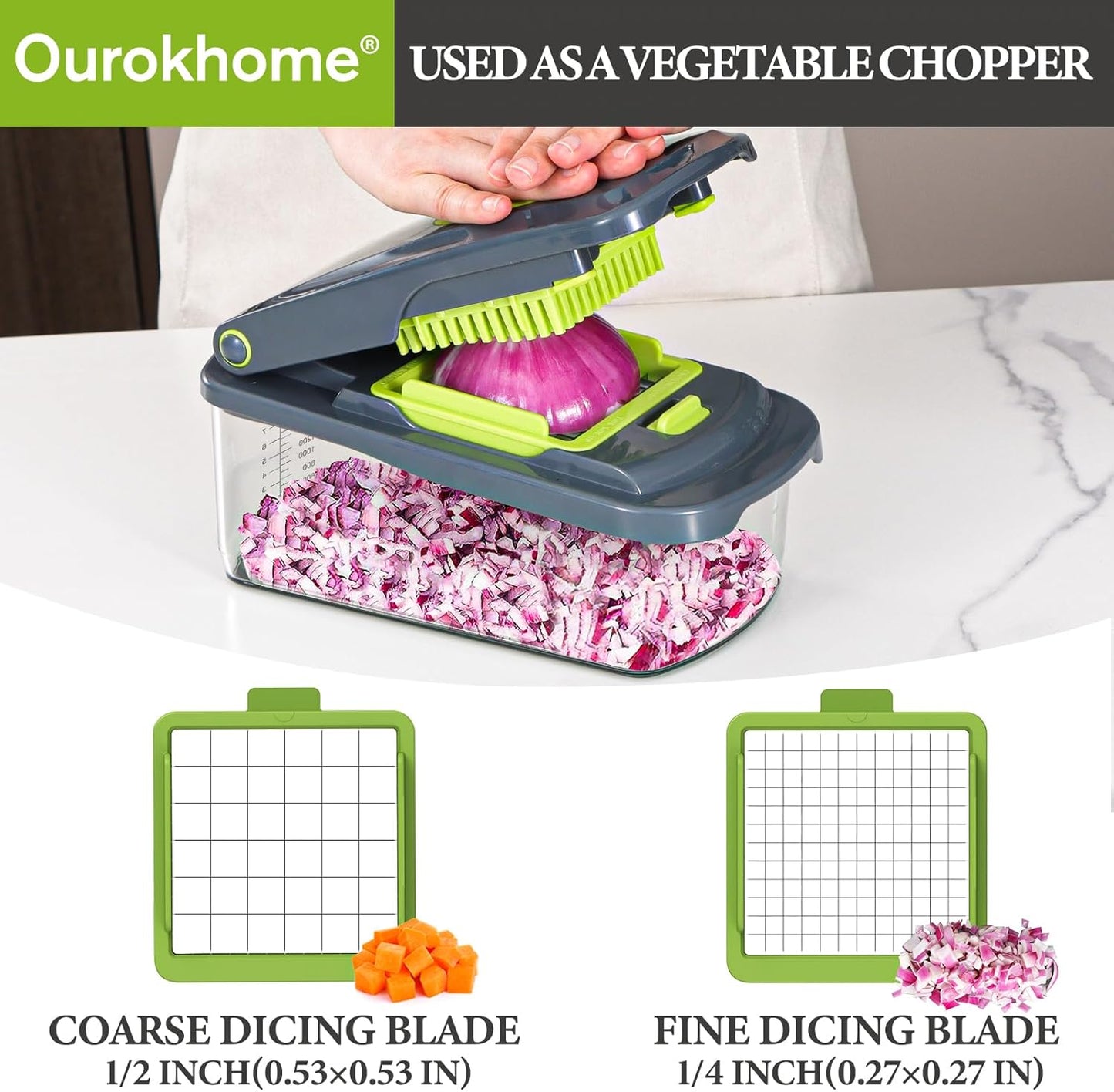 Ourokhome Veggie Chopper & Dicer - 12-in-1 Manual Food Mandolin Slicer for Zucchini, Potato & Onion - Gray