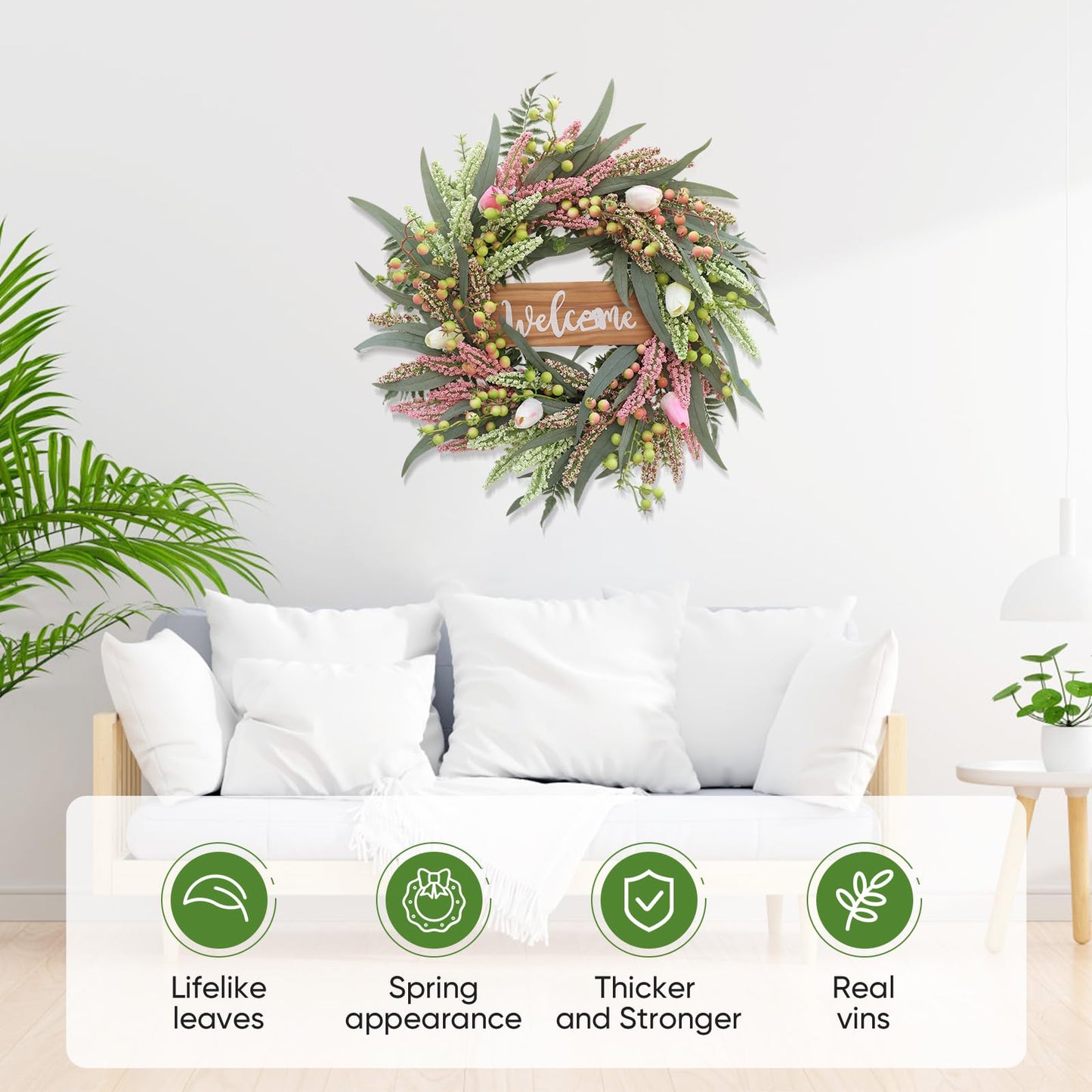 Wreaths for Front Door 20 Inch Spring Summer Tulip Wreath withTulip,Berries,Boxwood and Cattails Welcome Door Wreath, Porch, Window -Green Decor for Home, Farmhouse - Spring, Summer, Fall, All Seasons