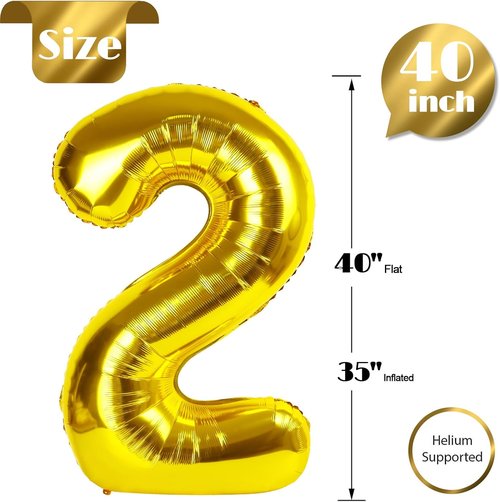 Gold Number 2 Balloon - 40 Inch 2nd Birthday Decoration for Toddlers | Sparkling Party Decor