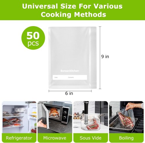 Bonsenkitchen Vacuum Sealer Bags - 50 Heavy-Duty Pint Bags, 6" x 9", BPA-Free for Food Storage & Meal Prep