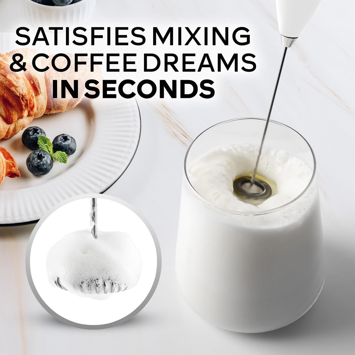 Zulay Kitchen Milk Frother Wand - Ultra-Fast Handheld Drink Mixer with 4 AA Batteries - Blizzard White