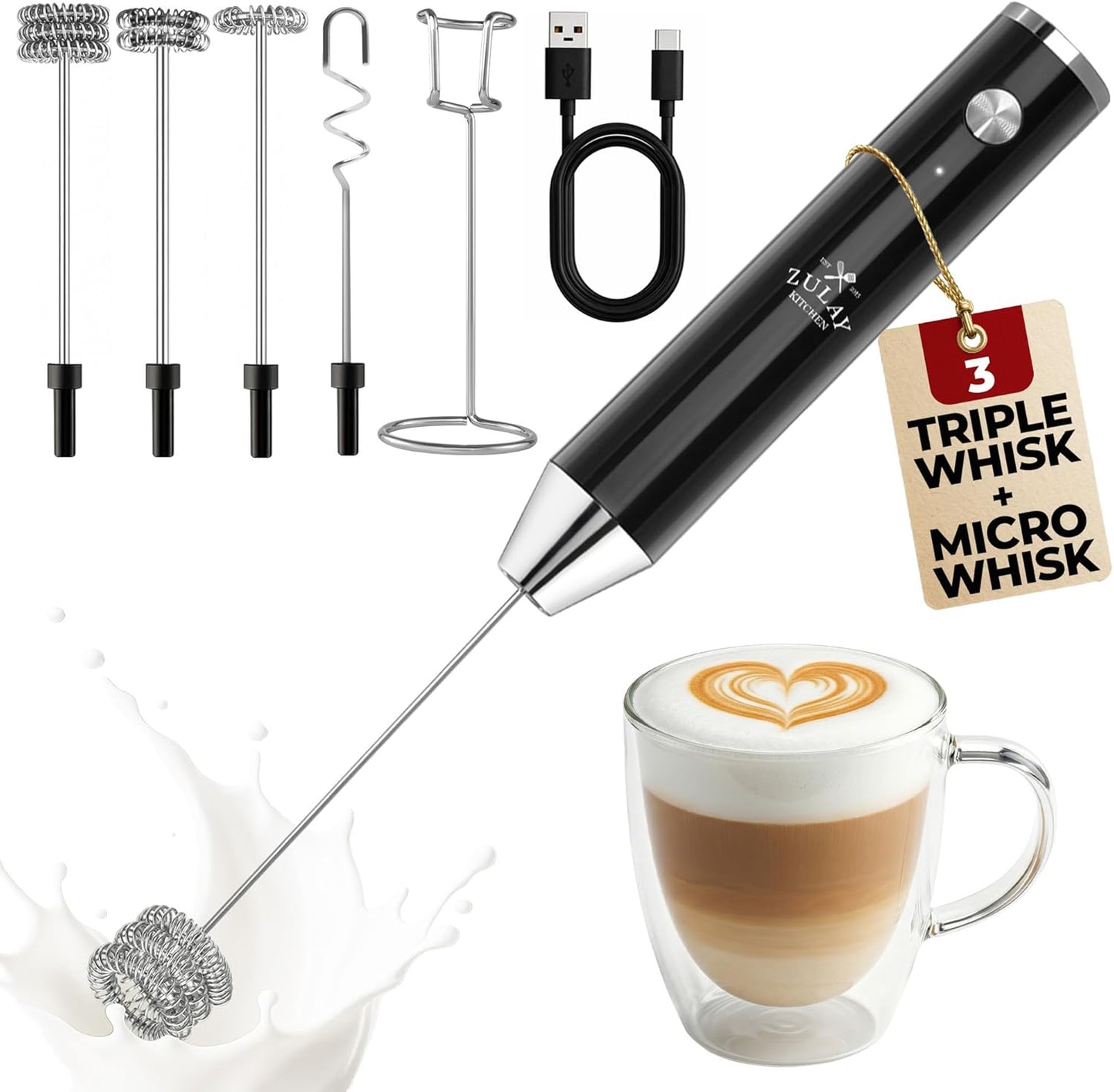 Zulay Kitchen Rechargeable Milk Frother - Powerful 2-Speed Motor, 2000mAh Battery - Jet Black Drink Mixer for Latte & Cappuccino