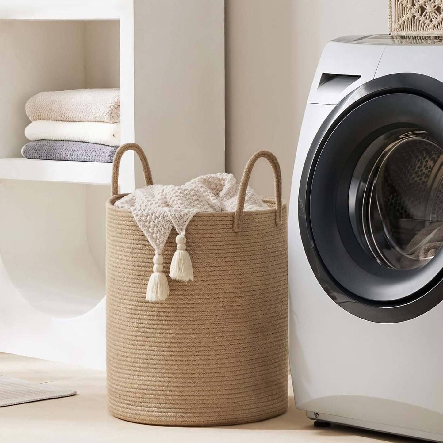 YOUDENOVA Jute Rope Laundry Hamper - 58L Tall Basket for Baby Nursery & Bedroom Storage