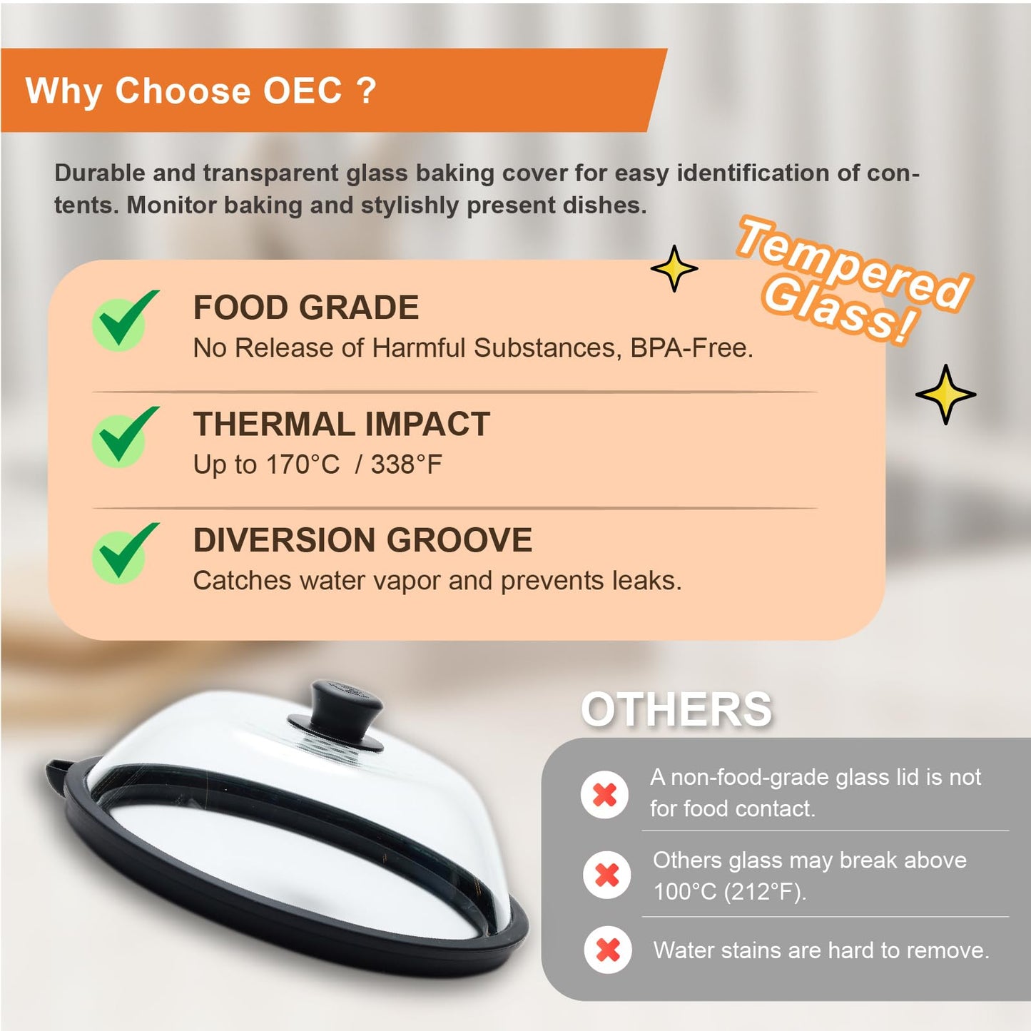 OEC Lightweight Tempered Glass Lid with Water Inlet – Food Splatter Cover, Food-Grade & BPA-Free, Fits Most Plates and Bowls (9.5")