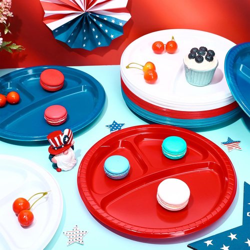 FYSUIMU 90Pcs 10-Inch Divided Plates - Patriotic Plastic Serving Trays for 4th of July & Memorial Day