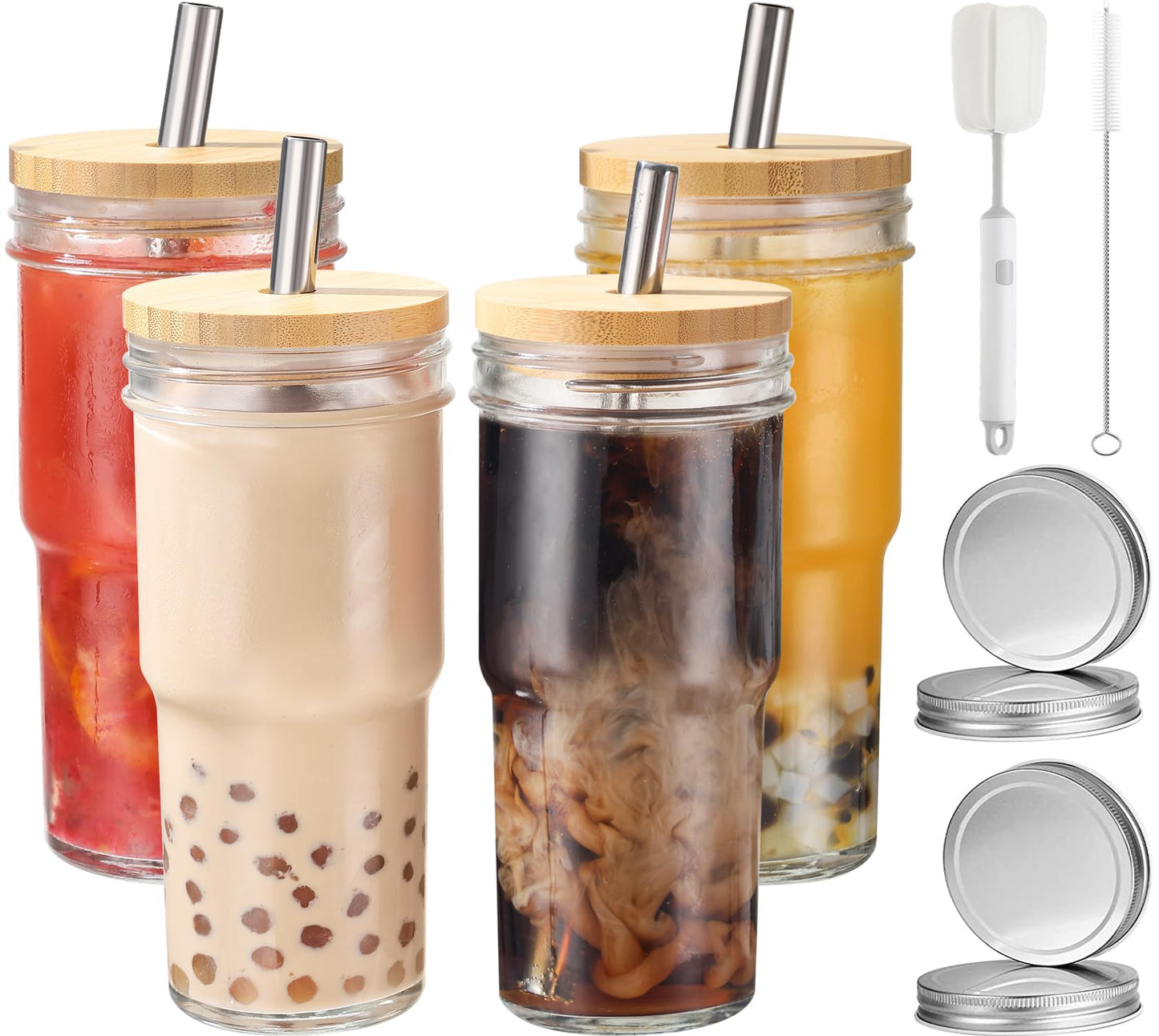 ASANMEYO 4 Pcs 24 oz Glass Cups With Bamboo Lids and Straws & 4 Airtight Lids, Reusable Smoothie Cups Mason Jar Drinking Glasses Iced Coffee Cups Glass Tumbler for Bubble Tea, Juice, Gift
