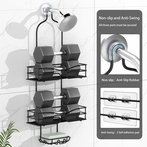 DAOYA Bathroom Shower Caddy - 3-Tier Organizer with Soap Holder & 6 Hooks | Fits 21mm Shower Head Arm, Black