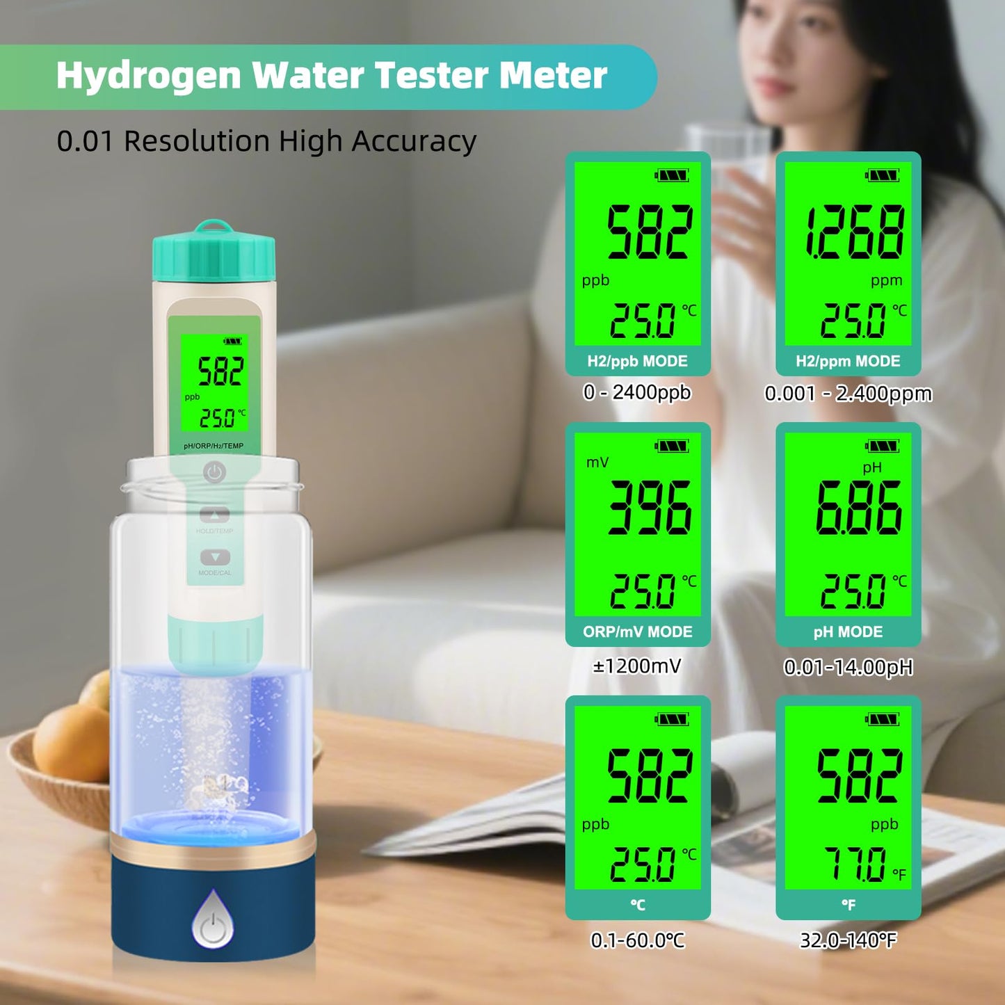 Terronix Hydrogen Water Tester, 4-in-1 pH H2 ORP Temp Meter, High Accuracy Hydrogen Tester for Water, Portable ORP Meter for Drinking Water, Aquarium, Hydrogen Water Bottle, Home and Lab Use, Pool