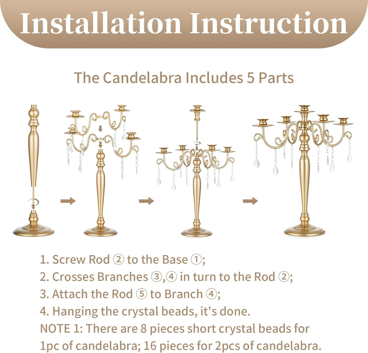 Sziqiq Gold Candelabra | 5 Arm Candle Holder - Vintage Metal Centerpiece for Weddings & Dining Tables
