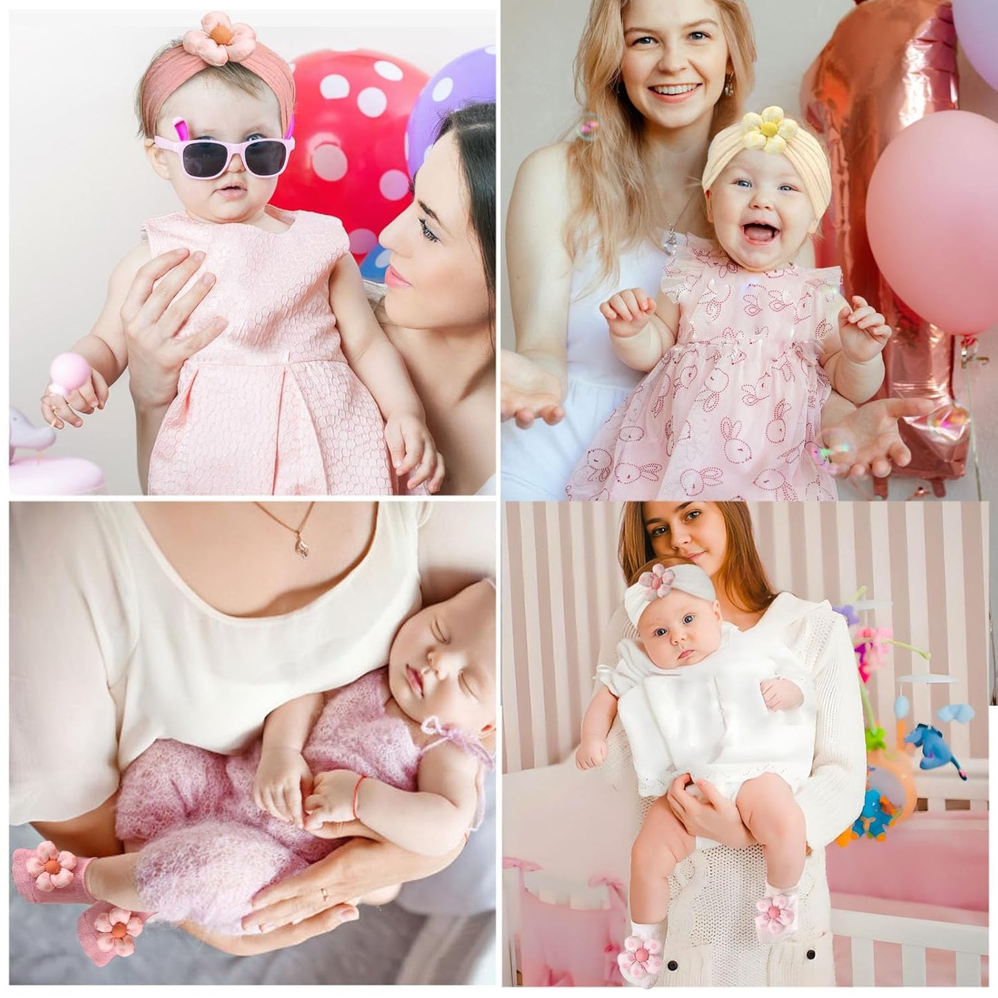 MIUXUESO Baby Girls' Headbands & Socks Set - Non-Slip Flower Hairbands & Cozy Socks | Pink, 6-12 Months