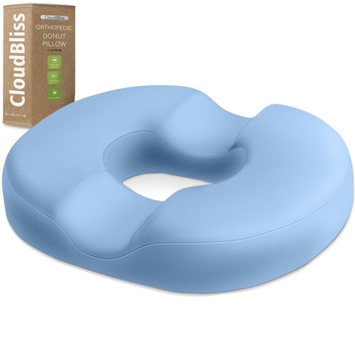 CloudBliss Donut Pillow Seat Cushion Chair Pad for Tailbone Pain Relief and Hemorrhoids, Memory Foam Seat Chair Cushion for Men and Women for Home & Office, (Light Blue-2XL)