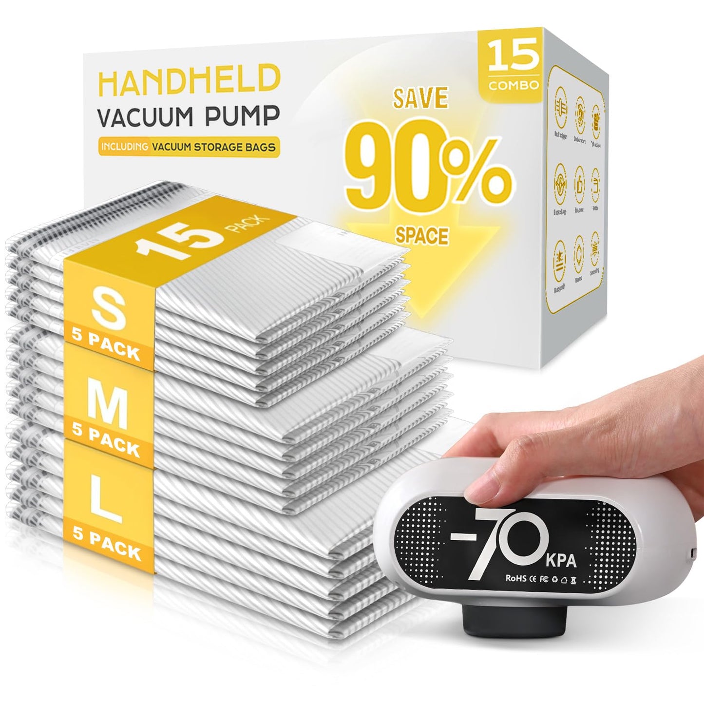 15 Pack Vacuum Storage Bags with -70KPa Electric Pump, Premium Tear-Resistant Reusable Bags for Clothing, Space Saving Essentials for Travel, White