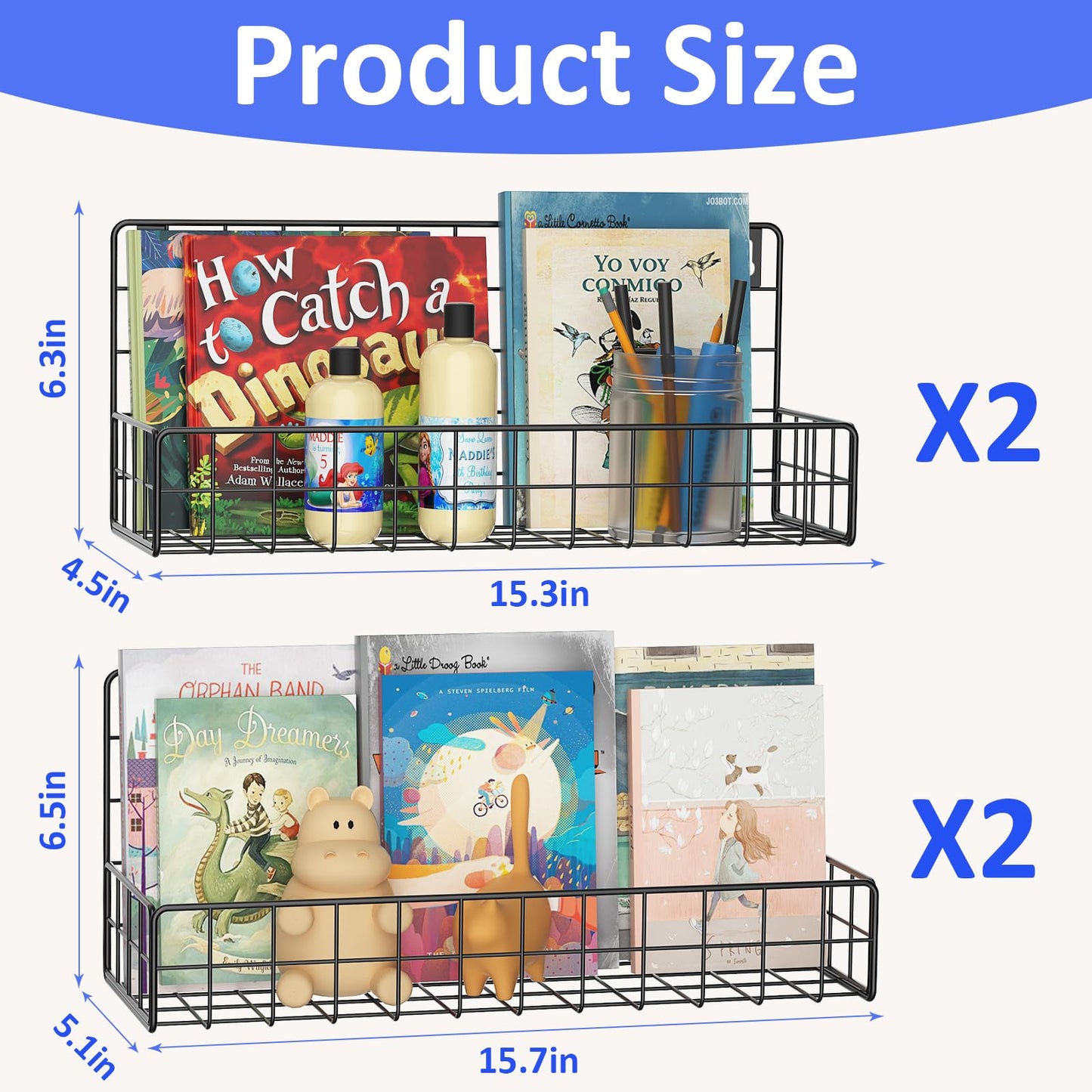 MFTEK Wall Mounted Metal Kids Bookshelf - Wall Book Shelf for Kids Rooms, Hanging Book Shelves Organizer for Room Decor, Nursery Classroom Home Floating Bookshelves Black 4 Pack