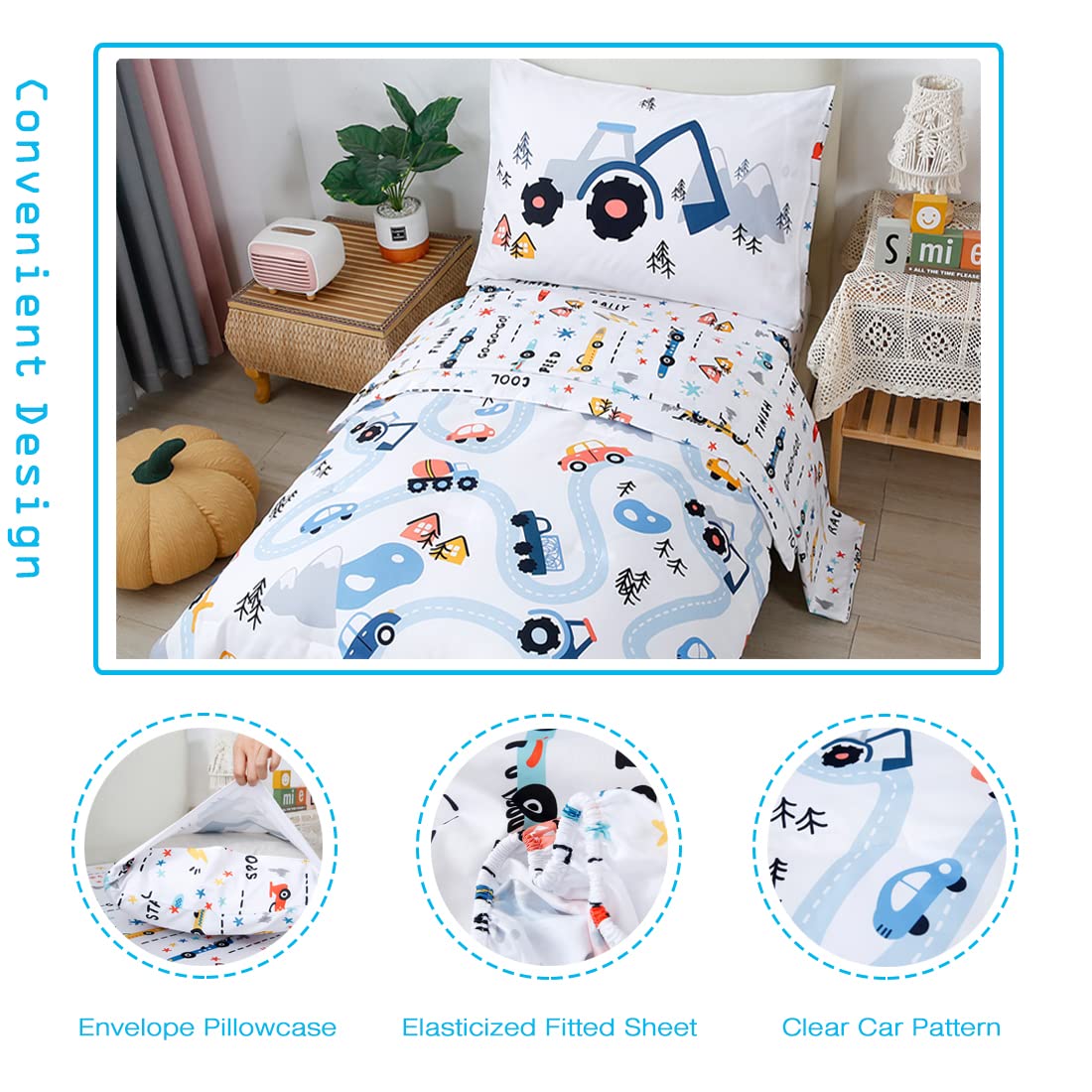 PERFEMET Comforter Set for Twin Bed Reversible Cars Pattern Bedding Set Soft Microfiber Bed in a Bag for Kids Boys Teens All Season Use(White, Twin)