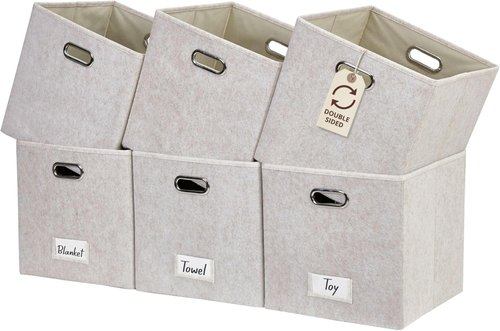 DECOMOMO Felt Storage Bins - 11-Inch Cube Storage Bins with Labels for Kallax Shelves | Beige (Set of 6)