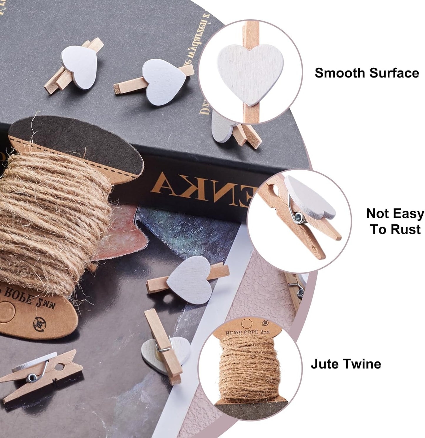 Pandahall 100 Pcs White Heart Clothespins - Wooden Craft Clips with 10.9 Yards Jute Twine for Photo Display