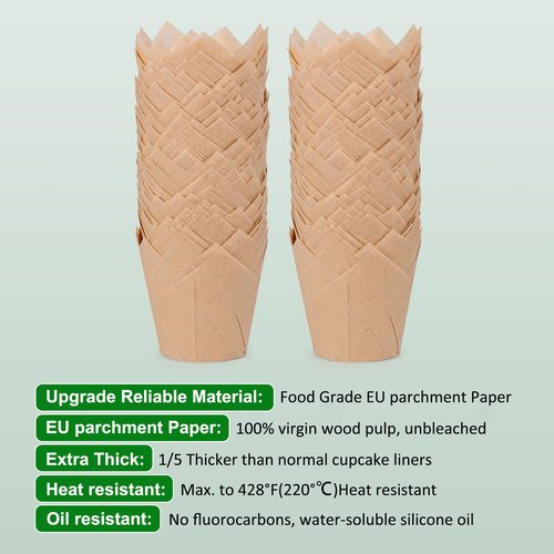 Caperci 225pcs Natural Tulip Cupcake Liners Paper for Baking Cups Unbleached European Parchment Paper, Tulip Muffin Liners Cupcake Wrapper for Party, Wedding, Christmas, Birthday