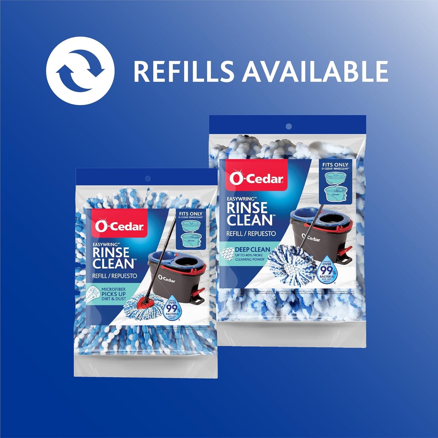 O-Cedar RinseClean Spin Mop & Bucket System - Includes 2 Extra Mop Heads | Cleans with Water & Eliminates 99% of Bacteria