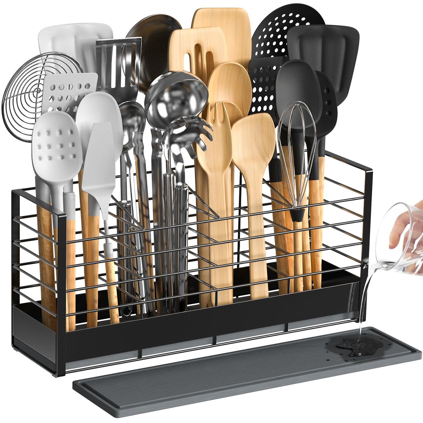 VEESUN Large Utensil Holder with Diatomaceous Earth Base, for Kitchen Counter, Cooking Utensil Organizer, 4 Compartments