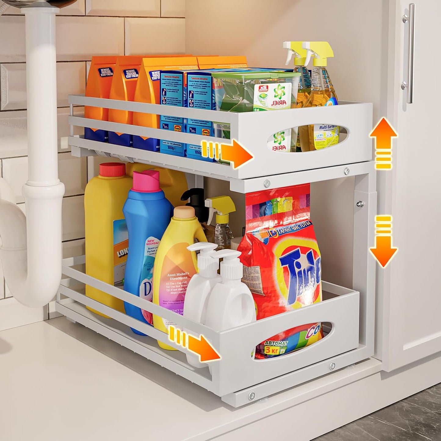 Under Sink Organizer - 2 Tier Adjustable Storage Solution | Slide-Out Metal Cabinet Drawer (White)
