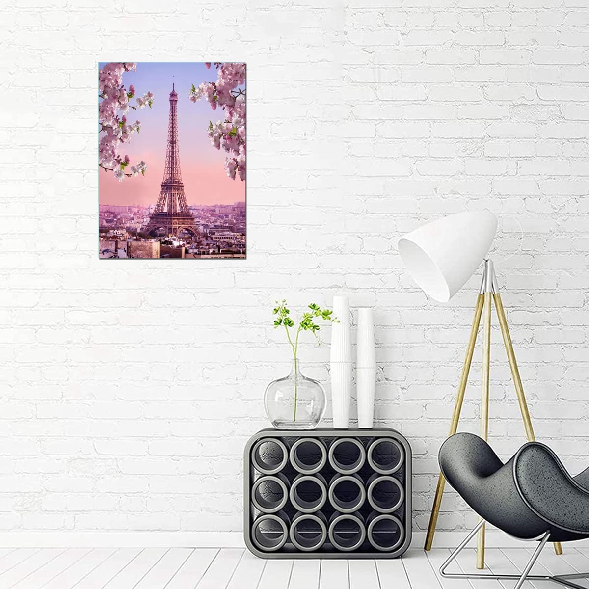 Pink Eiffel Tower Paris Office Girl Room Wall Art Pink Flower Blossoming Romantic Landscape Canvas Print for Home Decor Framed Large Artwork Love 24x36inch