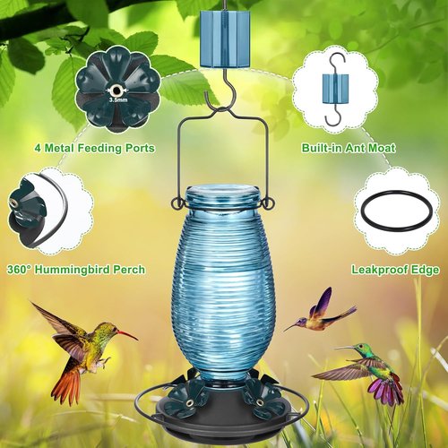 FEED GARDEN Glass Hummingbird Feeder - 20 OZ Capacity with 4 Bee Guard Ports & Ant Moat | Blue, 1 Pack