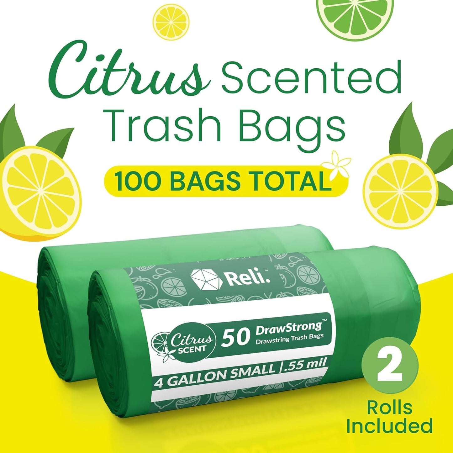 Reli. 4 Gallon Trash Bags - Citrus Scented Drawstring Liners | 100 Count for Small Trash Cans