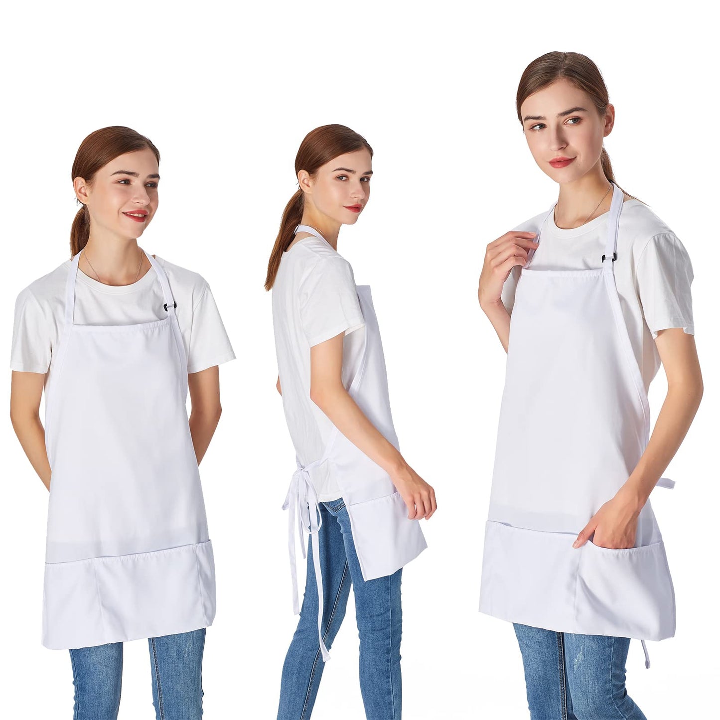 Jubatus 2 Pack 3 Pockets Adjustable Bib Apron Chef Kitchen Cooking Aprons for Women Men, White